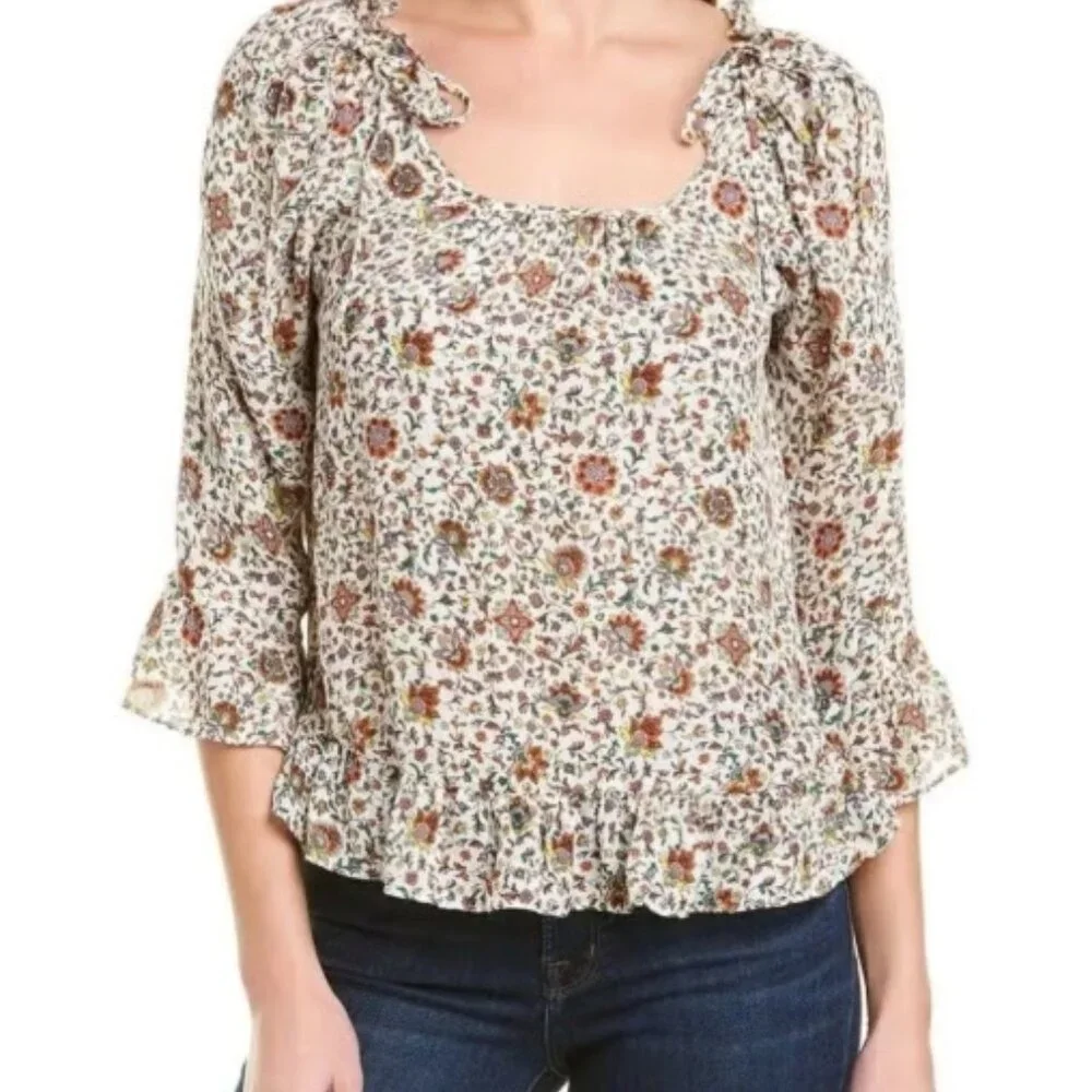 NWOT Tory Burch Ivory Soleil Floral Ruffle Silk Bohemian Top/Blouse XS $348